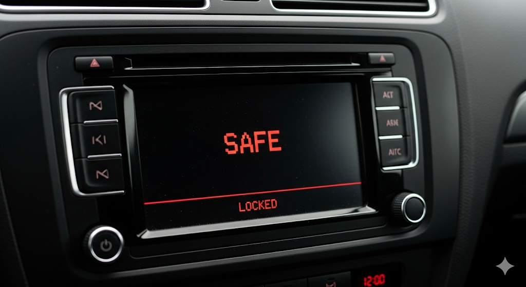 Estéreo Volkswagen bloqueado con mensaje SAFE en pantalla