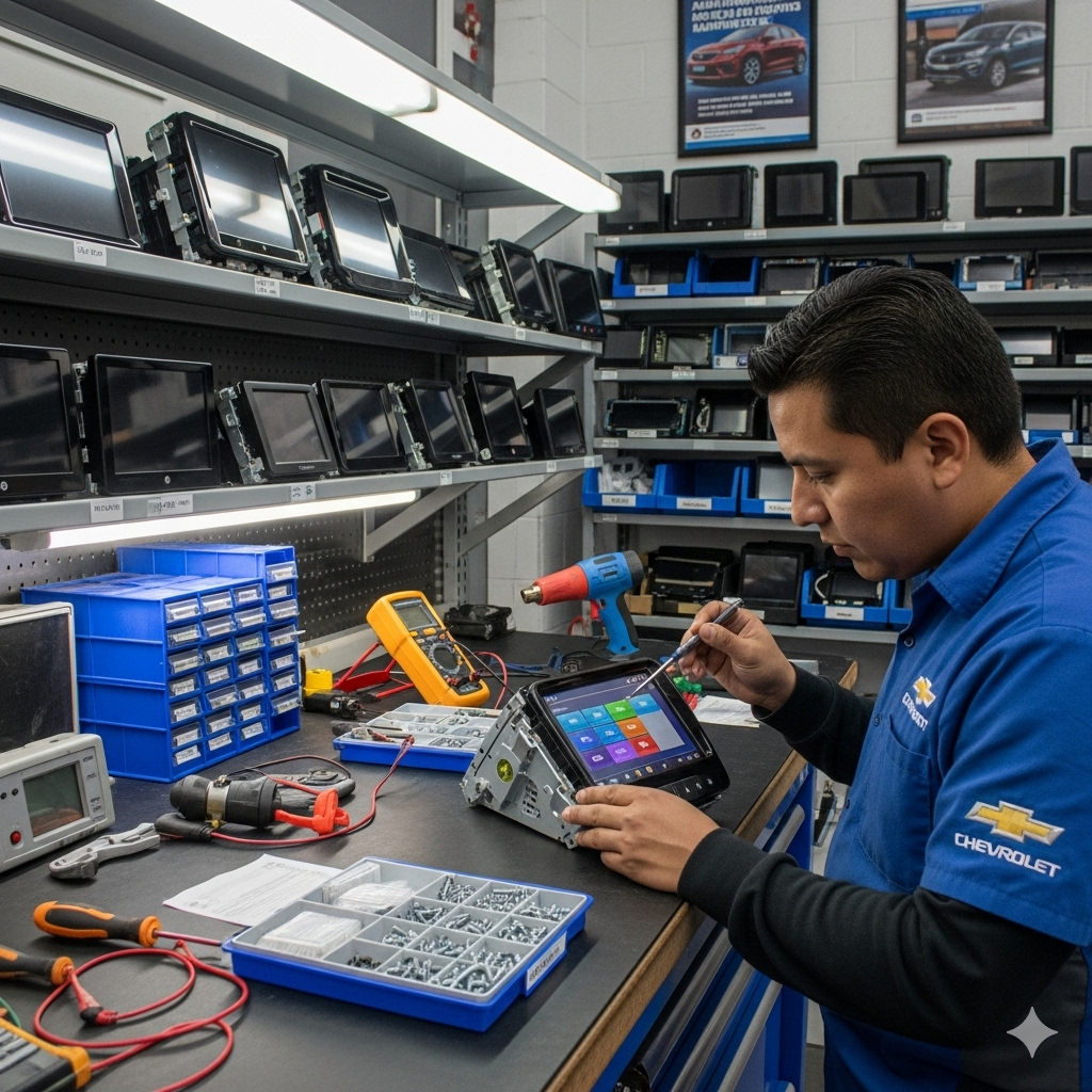 Módulo de infoentretenimiento original desmontado para reparación en Chevrolet
