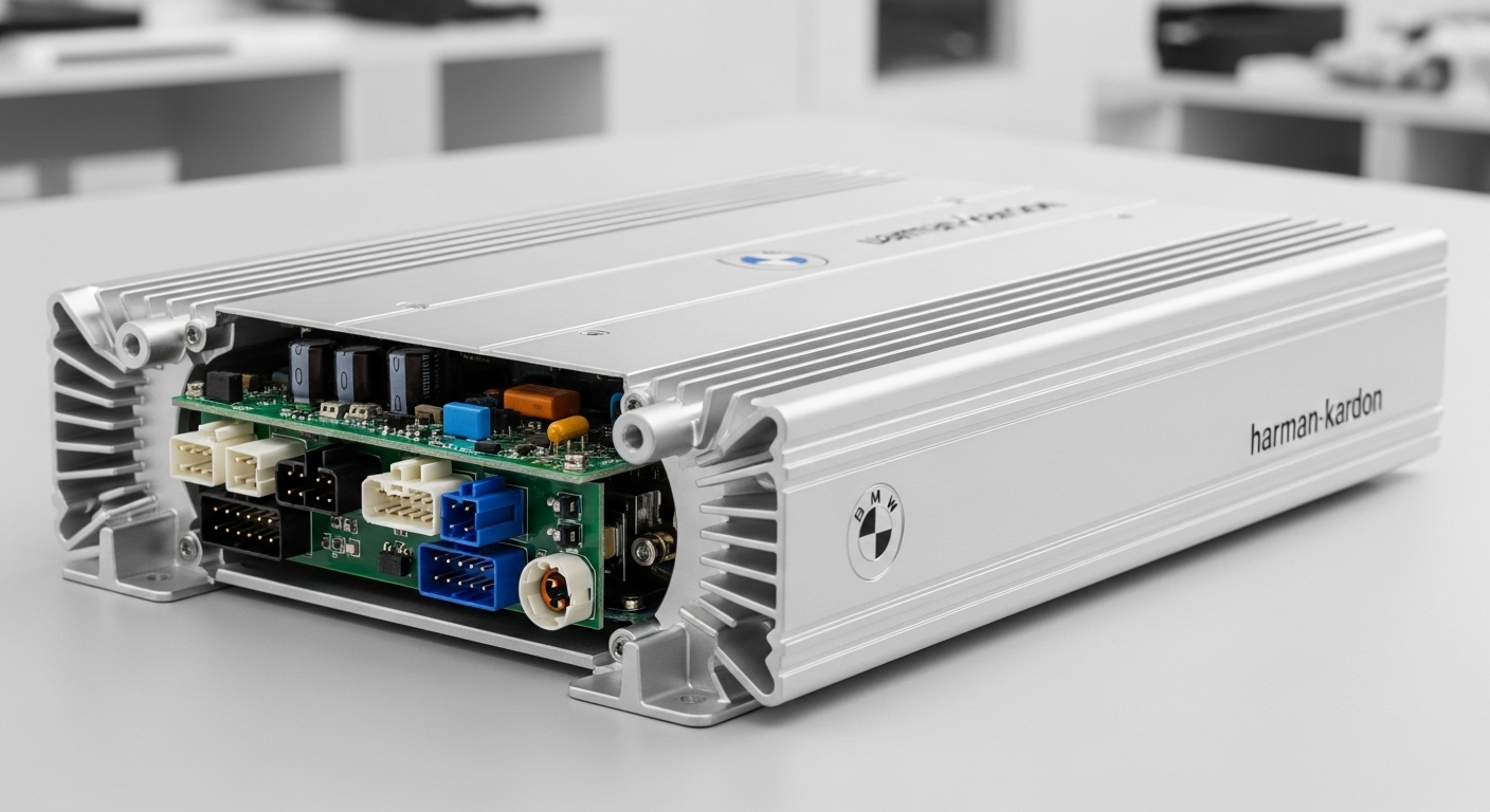 Detalle de un amplificador Harman Kardon, competidor europeo de Focal