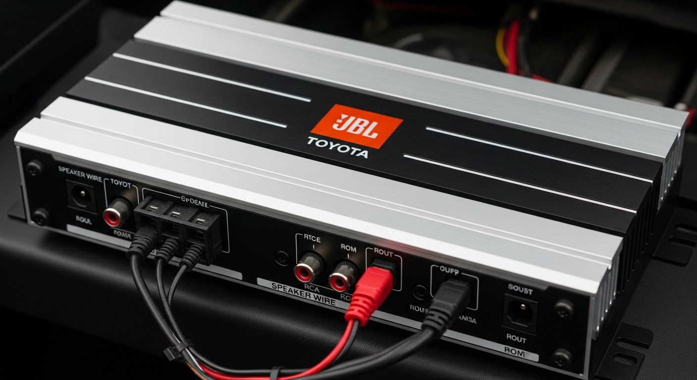 Amplificador JBL de Toyota con falla interna generando estática y pop antes de apagarse el audio