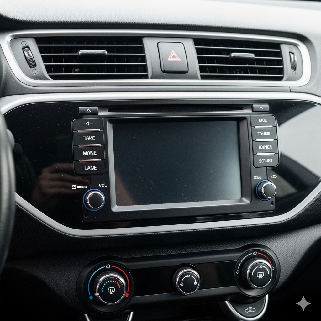 Técnico diagnosticando una falla en la pantalla de un estéreo de Kia Rio.