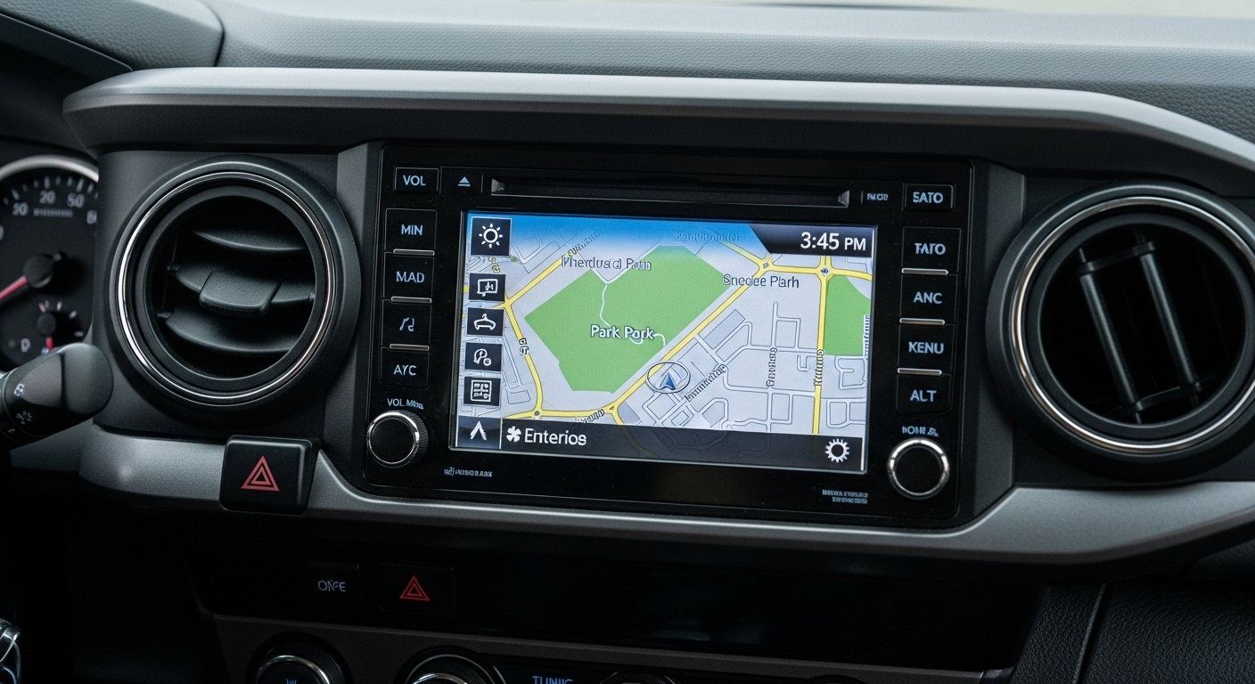 Sistema de infoentretenimiento Toyota Entune en Tacoma mostrando menú principal tras reinicios