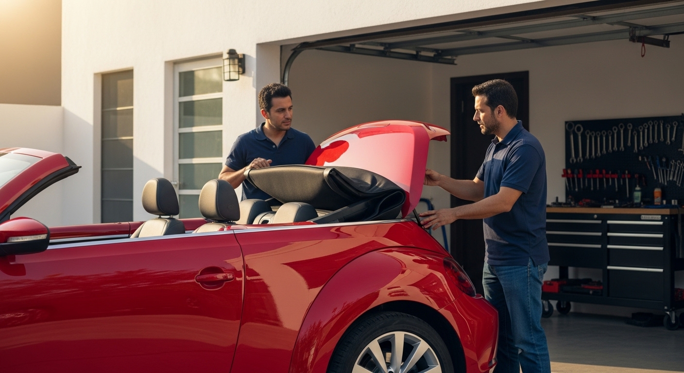 Técnico aplicando lubricación en el mecanismo de una capota convertible